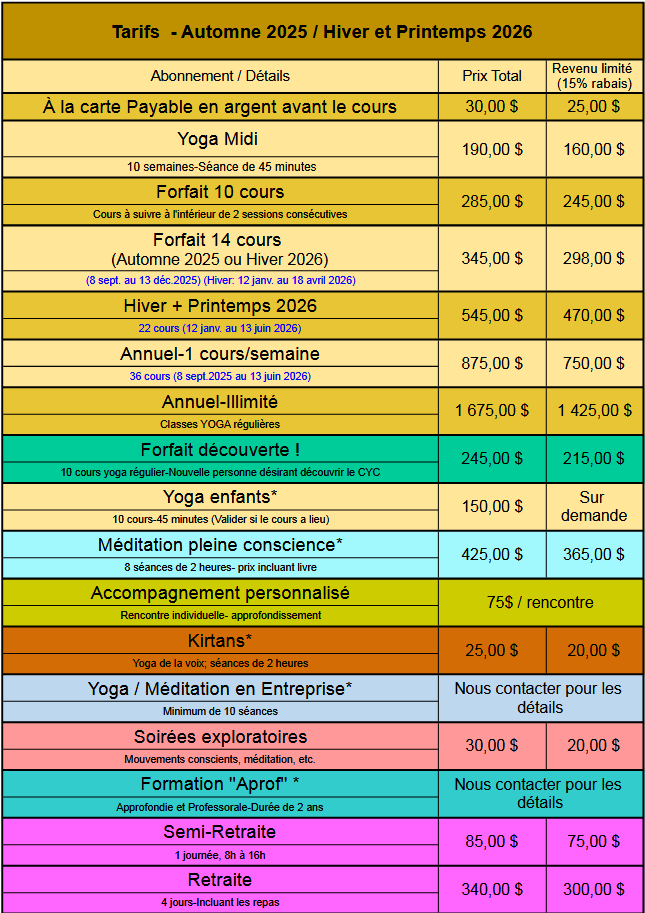 Tarifs Centre Yoga Chicoutimi 2024 2025